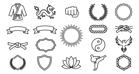Martial arts line icons set, karate and judo combat sports symbols, 20 vector elements for dojo branding and competition awards © ali