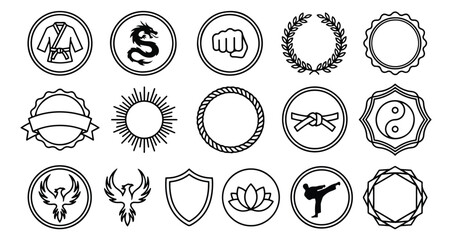 Martial arts icons set, 15 black line vector badges, karate and kung fu combat sports emblems, oriental dojo training symbols for club branding © ali