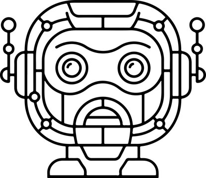 Black and white line art illustration of a cute stylized robot face with antennae technology artificial intelligence