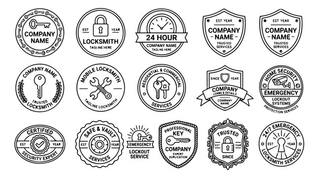 Vintage locksmith logo set, 15 professional security service badges, retro key and padlock emblems, black and white emergency lockout vector icons