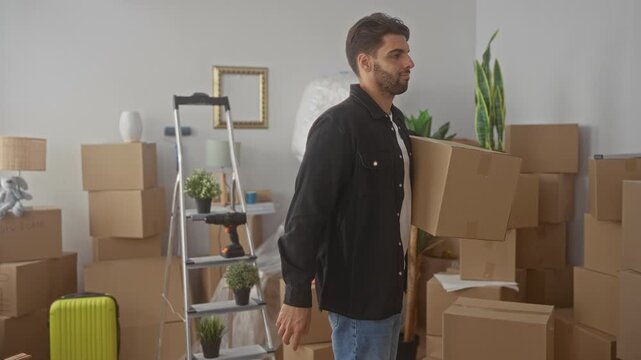 Hispanic man holding a cardboard box, stacking and carrying boxes in an apartment building living room; fresh start hopeful.