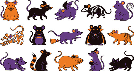 Obraz premium Halloween mice characters spooky festive vector illustration set