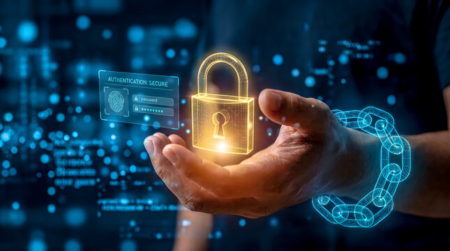 Hand holding glowing golden padlock with digital security shield and blue particle data stream on dark background, representing blockchain security, data encryption and cyber protection