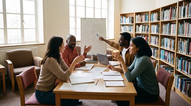 Diverse group of students collaborating on a project in a library setting.
