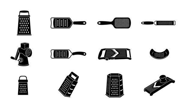 Kitchen Graters and Slicers Vector Icons Set, Food Preparation Tools Collection, Culinary Gadgets for Cooking and Dicing