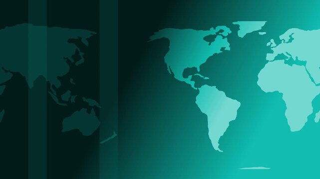Stylized world map and turquoise gradient background with glowing continents and modern abstract design animation