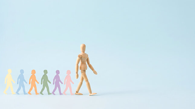 Employee evaluation and KPI tracking team leadership development concept with wooden mannequin leading colorful paper cutouts with copy space for business growth analysis presentation slide banner