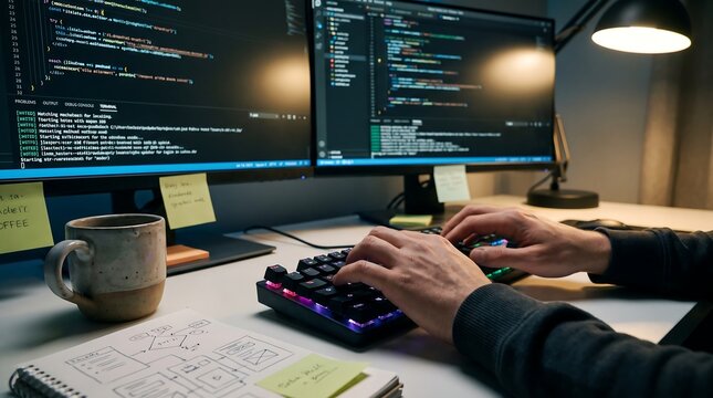 Hands of software developer typing code on mechanical RGB keyboard in dark office