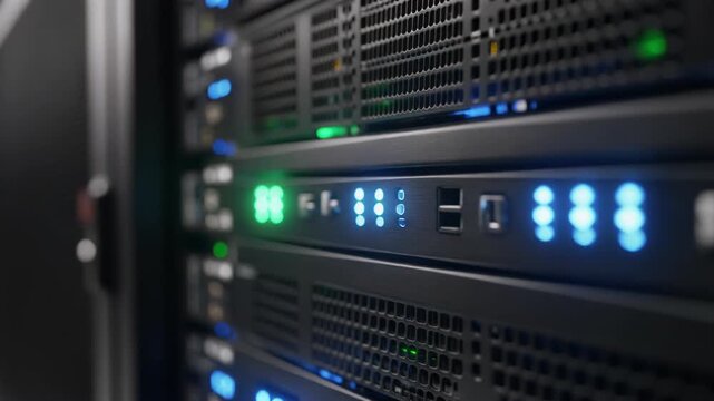 Close up of blue and green LED status lights blinking on modern server rack in a dark high tech data center.