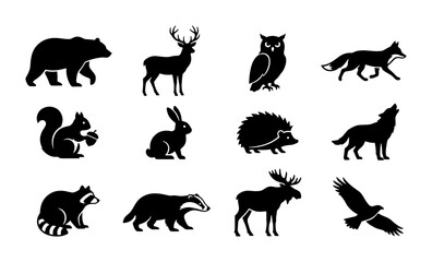 Obraz premium Forest Wildlife Silhouette Icons Set, Woodland Animals Vector Collection, Nature Fauna Graphics, Mammal and Bird Illustrations