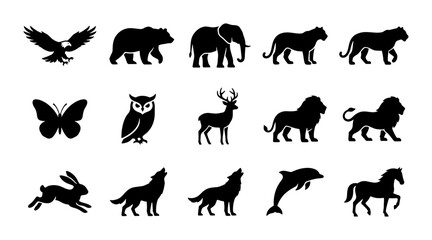 Obraz premium Diverse Wildlife Silhouette Collection: Majestic Animals, Forest Creatures, and Aquatic Life Vector Icons for Nature and Safari Themes
