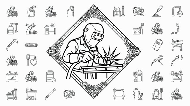 Welder's Craft: Illustration of a person welding in a diamond frame with icons.