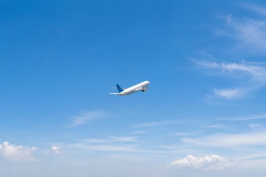 An airplane soaring into a clear blue sky, symbolizing travel and adventure.