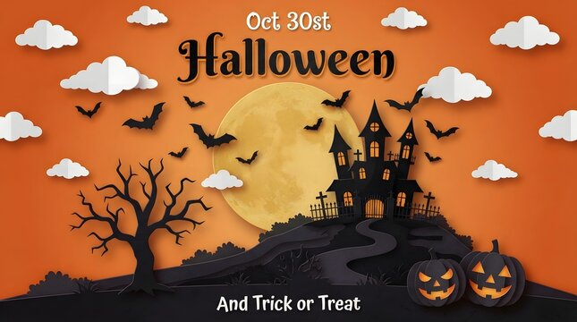 Spooky halloween night with haunted house bats and jack o lanterns on a dark and stormy night with full moon