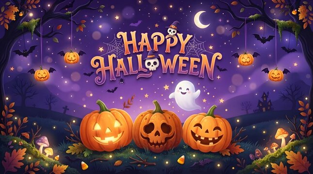 Happy halloween night with glowing pumpkins bats and spooky decorations