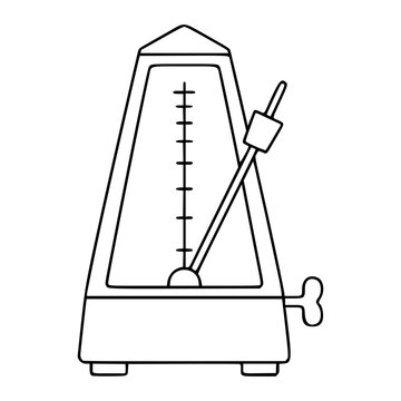 Minimalist vector line icon of a vintage mechanical metronome with pendulum and tempo markings, isolated on white background. Clean scalable outline illustration for music rhythm, tempo and beat