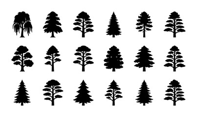 Fototapeta premium Diverse Tree Silhouettes Collection: Evergreen Conifers and Deciduous Styles, Vector Icons for Nature and Landscape Design