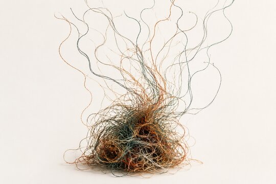Tangle of threads unraveling upwards, minimalist composition with soft shadows, sense of release.