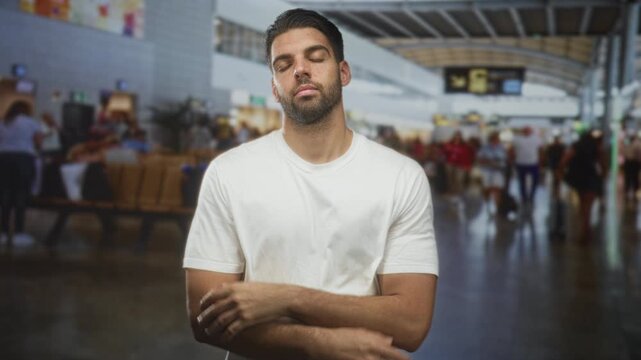 Man with crossed arms gripping forearms in busy airport terminal, neutral stare and occasional closed eyes visible across frames; waiting fatigue.