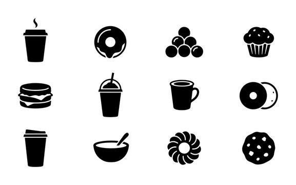 12 Food and Drink Icons: Coffee Cups, Doughnuts, Muffin, Burger, Smoothie, Cereal Bowl, Cookies, Billiard Balls, CD/DVD Set - Simple Black Vector Graphics for Menus, Websites, and Apps