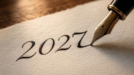 Fototapeta premium A fountain pen writes on expensive paper — the year 2027.