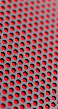 Macro view of perforated surface with red background visible through circular holes.