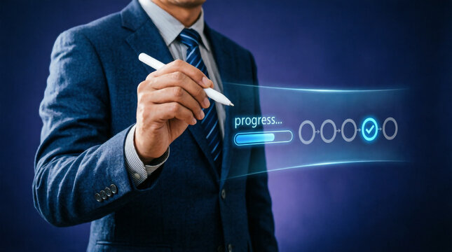 Businessman hand with pen drawing progress bar and step by step process checklist icons.