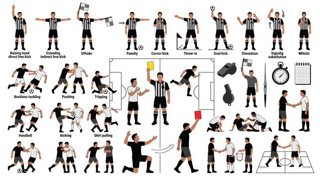 Soccer Referee Signals and Fouls Collection Vector Illustration