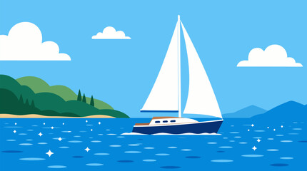 Naklejka premium Vibrant Vector Sailboat with White Sails Gliding on Sparkling Blue Ocean Water Near Green Hills Under Cloudy Sky, Scenic Summer Travel Vacation Maritime Nautical Vector Illustration