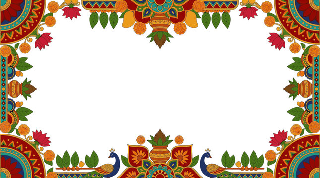 Traditional Hindu Navratri festival vector frame with peacock and floral