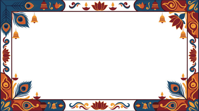 Decorative Navratri festival frame border with peacock feathers and bells