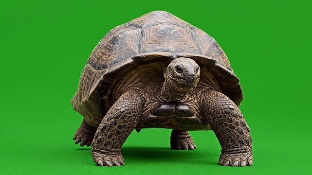 A detailed 3D animation of a large Galapagos tortoise walking slowly on a green screen background.