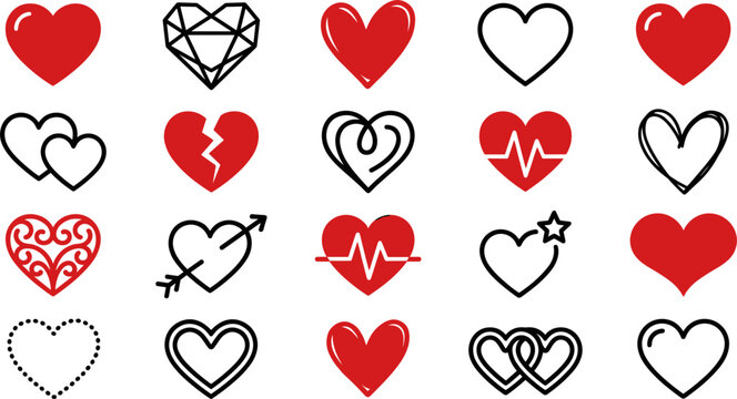 Large Vector Collection of Red and Black Heart Icons with Romance Symbols and Medical ECG Pulse Lifelines for Valentine's Day Greeting Cards and Healthcare Mobile App Designs