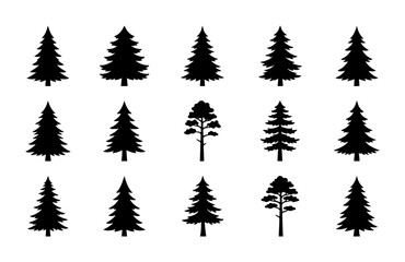 Fototapeta premium Set of 15 Black Silhouette Pine Trees, Evergreen Forest Icons, Coniferous Woodland Vector Graphics for Nature and Outdoor Design