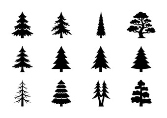 Obraz premium Diverse Evergreen Tree Silhouettes Collection, 12 Vector Icons for Nature and Forest Designs, Black and White Botanical Graphics