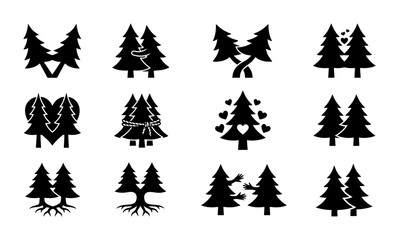 Obraz premium Set of 12 Black Silhouette Christmas Tree Icons, Festive Winter Holiday Vector Graphics, Decorative Evergreen Symbols for Seasonal Design Projects