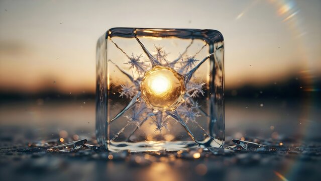 A glowing golden sun trapped inside a transparent ice cube with intricate snowflake patterns and cracks, set against a soft sunset horizon background