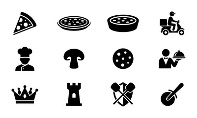 Pizza Icons Set, Italian Food Symbols, Restaurant Service Graphics, Delivery Scooter, Chef Hat, Crown, Chess Rook, Food Slices, Vector Elements © Asraful