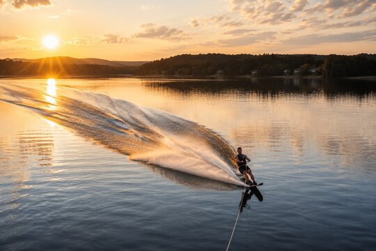 A waterskier gliding on a calm lake during the golden hour, creating a long white wake.