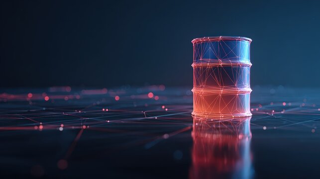 A futuristic digital oil barrel glows with red and blue light, set against a dark, abstract background of glowing nodes and connecting lines. ..Created with Generative AI, not depicting real subjects.