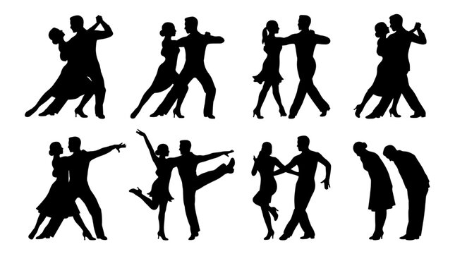 Collection of ballroom dance silhouettes featuring diverse latin and tango poses, dynamic movement, elegant steps, perfect for event posters and