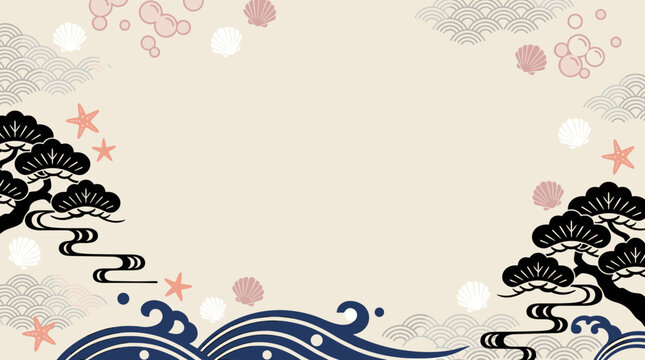 East asian style frame with pine trees and stylized ocean waves, traditional decorative border, vintage nature illustration for invitations and