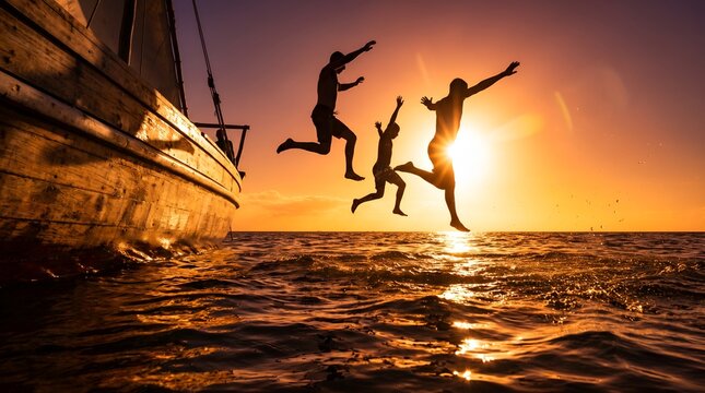 Silhouettes of three people jumping from a wooden boat into the ocean at sunset.