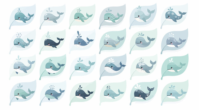 whale icons set, blue whale illustrations, cartoon whales