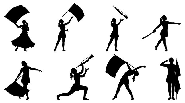 Collection of female sport silhouettes holding flags and rifles, dynamic poses on a plain background, representing marching band or athletic
