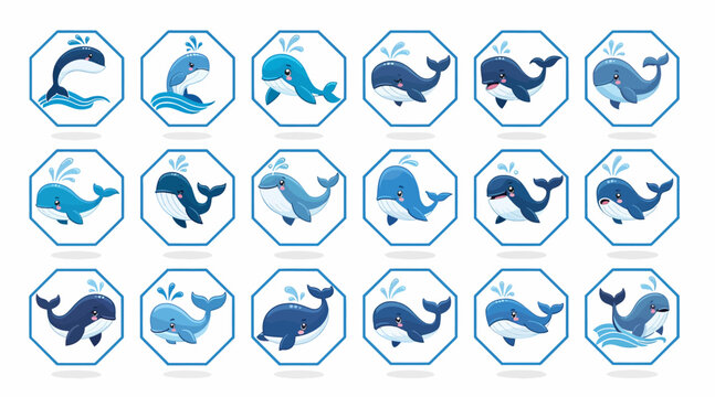 whale icons set, blue whale silhouettes