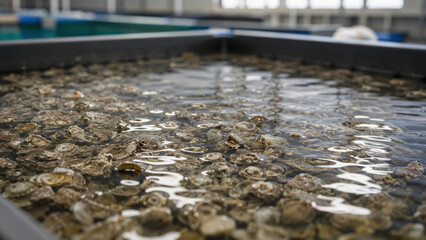Fototapeta premium Farmers are growing oysters in large tanks filled with water at an aquaculture facility during the daytime