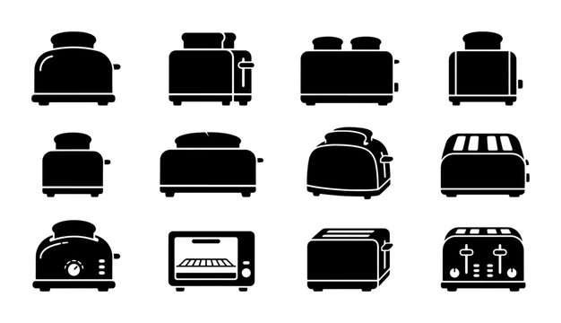 Set of 12 Black Toaster Icons, Kitchen Appliance Vector Graphics, Retro and Modern Breakfast Machine Illustrations for Food Service and Home Use