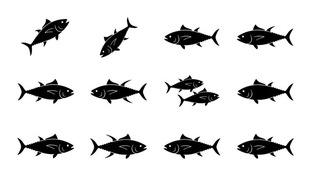 Tuna Fish Icons, Seafood Vector Collection, Marine Life Graphics, Aquatic Animal Silhouettes, Fishing Industry Elements