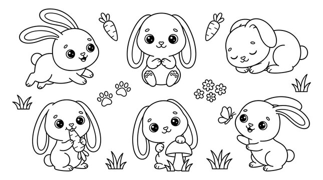 Set of outline bunny illustrations with various poses and carrots, coloring page for children, easter theme vector line drawing